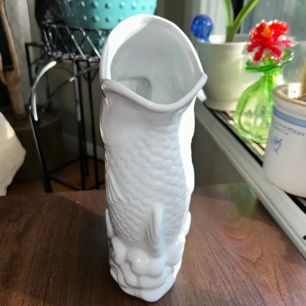 Vintage Boston Warehouse Fish Glass Glug Jug White Porcelain Pitcher